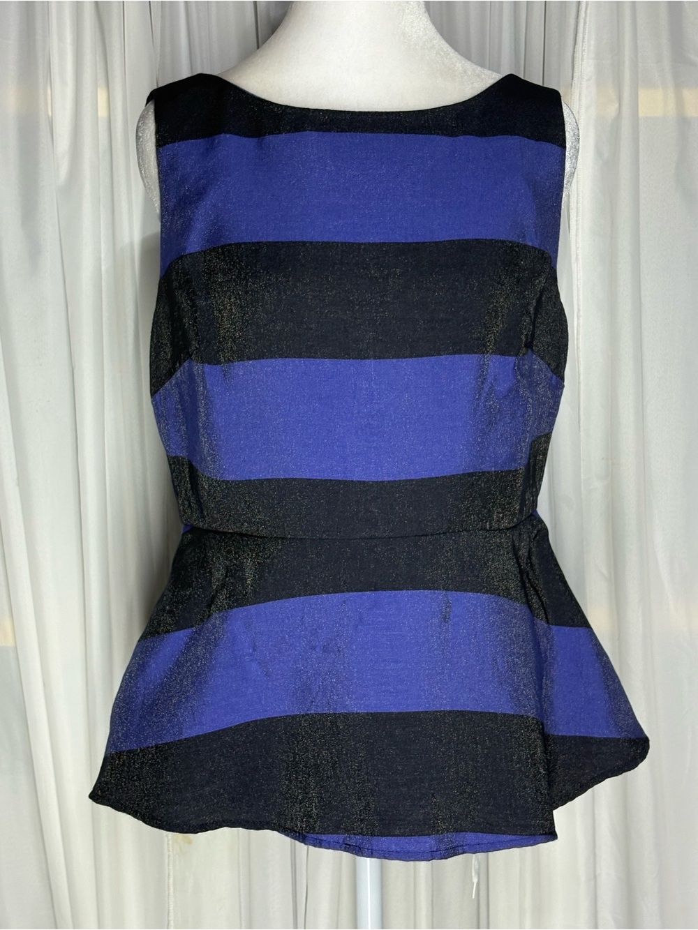 Banana Republic Rugby Striped Peplum Ruffle Hem Blouse Blue Womens Size8P Preppy